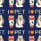 Pattern with a bottle of shampoo for animals, cats, dogs, and the text I love pet, pet care