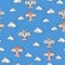Pattern bright beautiful children`s plane and clouds