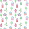 Pattern of bright houses and trees for a childish design, watercolor, sketch style