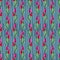 Pattern of bright pink and red tulip buds, green leaves and stems. Seamless print, gray-blue background with blue vertical stripes