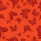 Pattern, brown stylized butterflies on a red background, vector illustration