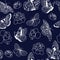 Pattern butterflies and roses on dark blue background.