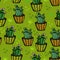 Pattern with cacti in pots. Flowers in pots. Cacti with flowers. Bright floral pattern of cacti