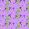 Pattern card. Gift boxes, bows, spruce branches, candy hearts, balls on violet background