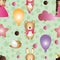 Pattern with cartoon cute toy baby girl and bunny