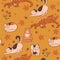 Pattern with cats, flowers and leaves. Autumn mood. Vector image