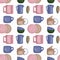 Pattern with ceramic dishes: cups, teapots, saucers.