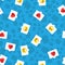 Pattern chat bubble in mobile message and social network. Red heart, like and smile on blue pattern background