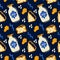 The pattern of cheesy dairy products. Cheeses, Maasdam, Curd cheese, Cream cheese, Milk for textile pattern. Doodle