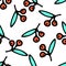 A pattern of cherries. a seamless pattern of hand-drawn pairs of red cherries in doodle style with turquoise leaves randomly