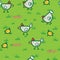 Pattern chickens walking on green grass and pecking worms background. Chicken pattern background.
