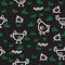 Pattern chickens walking on green grass and pecking worms on black background. Chicken pattern background.