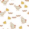 Pattern chickens walking and pecking worms background. Chicken pattern background.