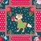 Pattern for children with little fox, polka dot background and flowers in patchwork style