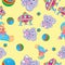 Pattern of children`s toys clown, elephant, ball on a yellow background, cartoon illustration, vector