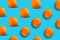 Pattern of citrus fruit - orange, on blue background. Fresh repeating orange fruit on blue background