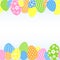 Pattern of colored Easter eggs on a light background Decorative festive empty template for design of card banner poster