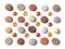 Pattern of colored pebbles and orange glass beads isolated on white background.