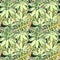 A pattern of colored variegated palm leaves on dark green