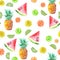 Pattern with the colored watercolor candied fruits, pineapple, lime and watermelon