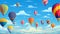 A pattern of colorful hot air balloons drifting against a clear blue sky