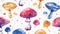 A pattern of a colorful image with mushrooms on it, AI