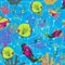Pattern with coral and fish of different species and colorful with surface texture