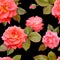 Pattern of coral roses on a black background. Photo-realistic floral seamless pattern.