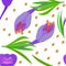 Pattern with Crocus and yellow circles Violet flowers with green leaves