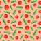 Pattern of cucumbers and tomatoes on a pink background. Pattern for kitchen, apron, towels, napkins, curtains