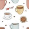 Pattern with cups of different sizes and shapes and with coffee beans. Vector illustration in sketch style.