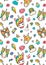 Pattern with cute faces of unicorns, ice cream, stars, hearts, donut, rainbow, crowns, cupcake