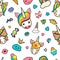 Pattern with cute faces of unicorns, ice cream, stars, hearts, donut, rainbow, crowns, cupcake