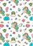 Pattern with cute faces of unicorns, ice cream, stars, hearts, donut, rainbow, crowns, cupcake, wing, cloud