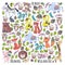 Pattern with cute forest and jungle animals. Fox, tiger, lion, zebra, bear, bird, parrot, snake, squirrel, elephant
