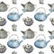 Pattern of cute kitchen teapot, toaster, cup with egg, apples and toast on pastel blue background