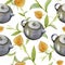 Pattern of cute kitchen teapot, toaster, cup with egg, apples and toast on pastel blue background