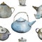 Pattern of cute kitchen teapot, toaster, cup with egg, apples and toast on pastel blue background. can be