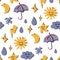 A pattern of cute little stickers with stylish weather-themed illustrations. Seamless background with fashionable cozy