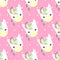 Pattern with a cute rainbow unicorn on a pink background with stars.