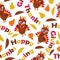 Pattern cute turkeys and maple leaves vector cartoon
