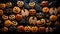 Pattern of decorated cookies in the shape of scary orange sugar pumpkins and chocolate bats on a dark scary background