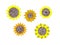 Pattern of decorative sunflowers on a white background. Black center and yellow and orange flower petals.