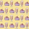 pattern of delicious sliced cakes with cups drink kawaii style