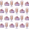 pattern of delicious sliced cakes with cups drink kawaii style