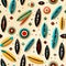 Pattern with different types of surfboards in a futurist and abstract style (tiled)