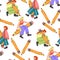 A pattern of different young people holding large pencils with a seamless pattern. Happy young students write, draw. The