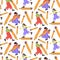 A pattern of different young people holding large pencils with a seamless pattern. Happy young students write, draw. The