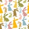 Pattern of Easter bunnies made of polka dot fabric sewn. Rabbit toys for children. Rabbit or hare, a spring festive