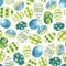 Pattern with eggs, blue and green colors, drawn with watercolor. Easter wrapping paper